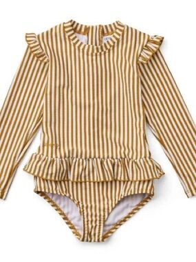 Liewood Sille Striped Ruffle Long Sleeve One-Piece Swimsuit - Mustard & White